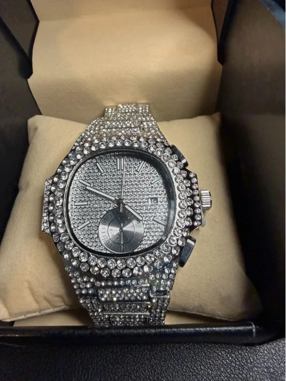 #599  Silver-Tone Iced Out Bling Chandelier Watch with Date & Subdial